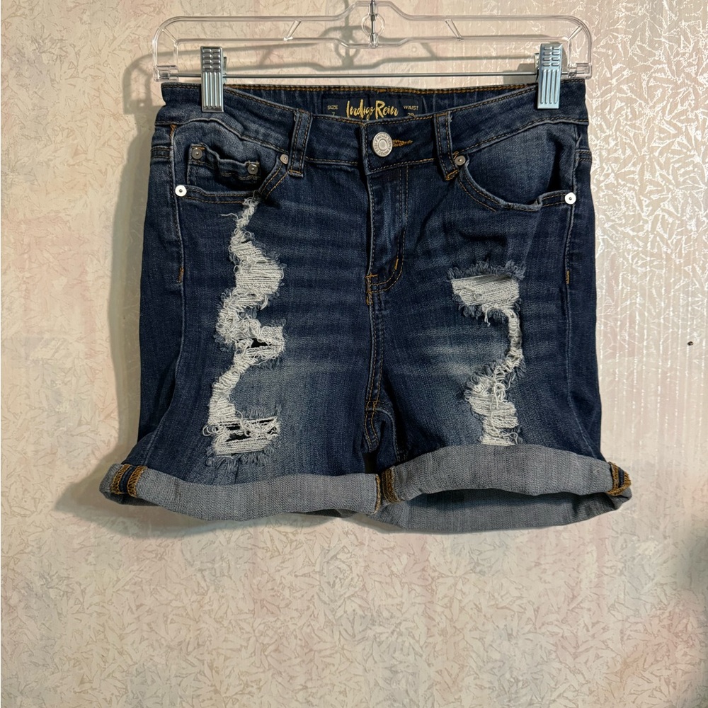 Indigo Rein Dark Blue Distressed Roll-Cuff Jean Shorts, Cotton Blend, Waist 28